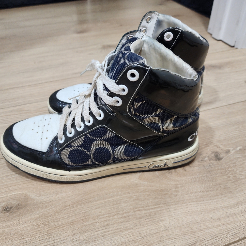 Coach Navy Blue and White High-Top Sneakers
